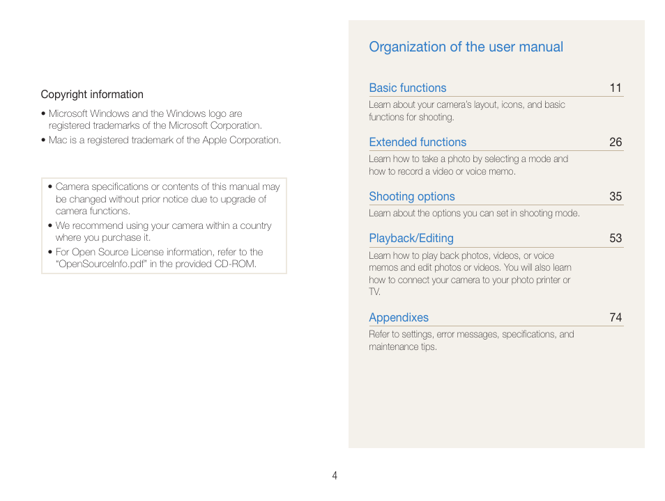 Organization of the user manual | Samsung EC-PL90ZZBPAUS User Manual | Page 5 / 99