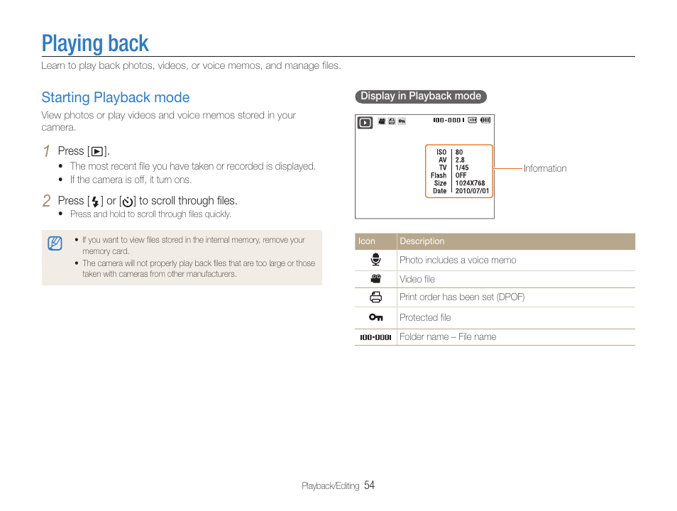 Playing back, Starting playback mode, Starting playback mode ……………………… 54 | Samsung EC-PL90ZZBPAUS User Manual | Page 55 / 99