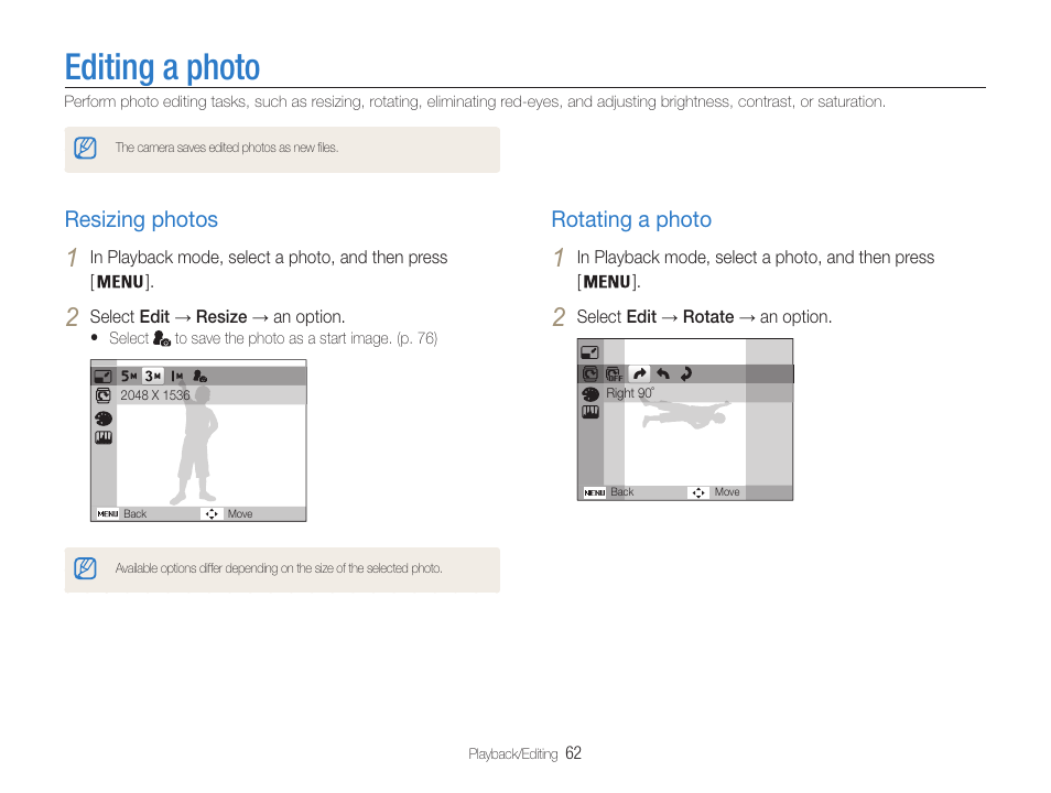 Editing a photo, Resizing photos, Rotating a photo | Samsung EC-PL90ZZBPAUS User Manual | Page 63 / 99