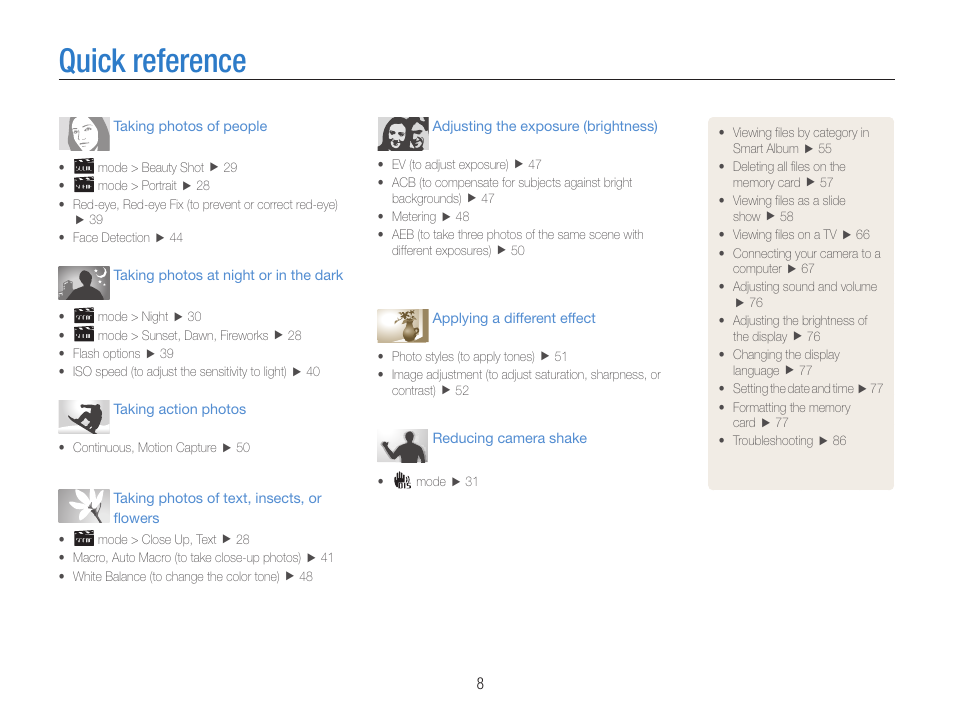 Quick reference | Samsung EC-PL90ZZBPAUS User Manual | Page 9 / 99