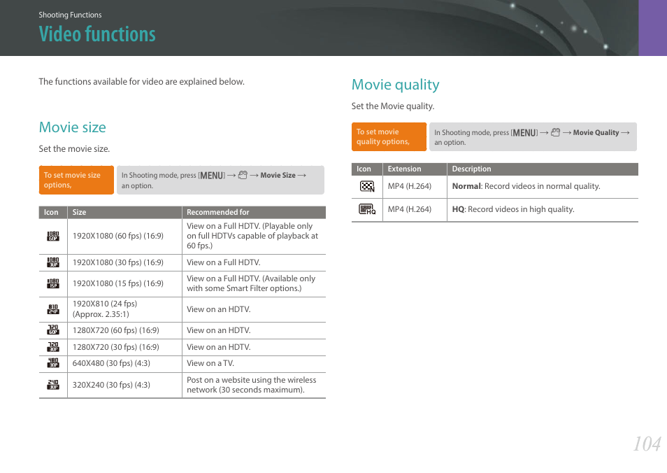 Video functions, Movie size, Movie quality | Movie size movie quality | Samsung EV-NX300MBSTUS User Manual | Page 105 / 203