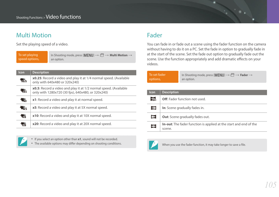 Multi motion, Fader, Multi motion fader | Video functions | Samsung EV-NX300MBSTUS User Manual | Page 106 / 203