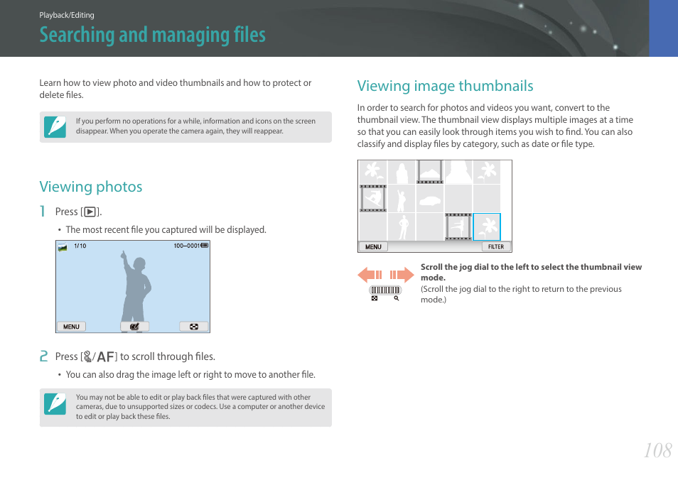 Searching and managing files, Viewing photos, Viewing image thumbnails | Viewing photos viewing image thumbnails | Samsung EV-NX300MBSTUS User Manual | Page 109 / 203