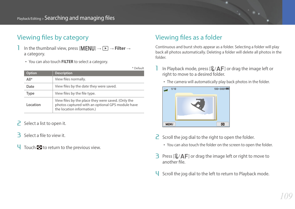 Viewing files by category, Viewing files as a folder, Searching and managing files | Samsung EV-NX300MBSTUS User Manual | Page 110 / 203