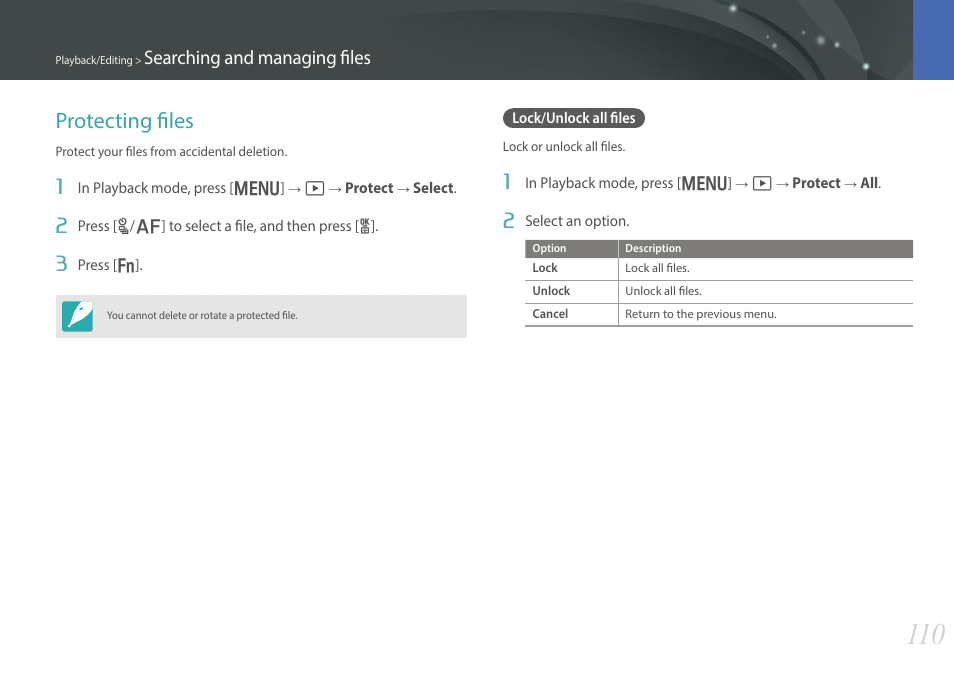 Protecting files, Lock/unlock all files, Searching and managing files | Samsung EV-NX300MBSTUS User Manual | Page 111 / 203