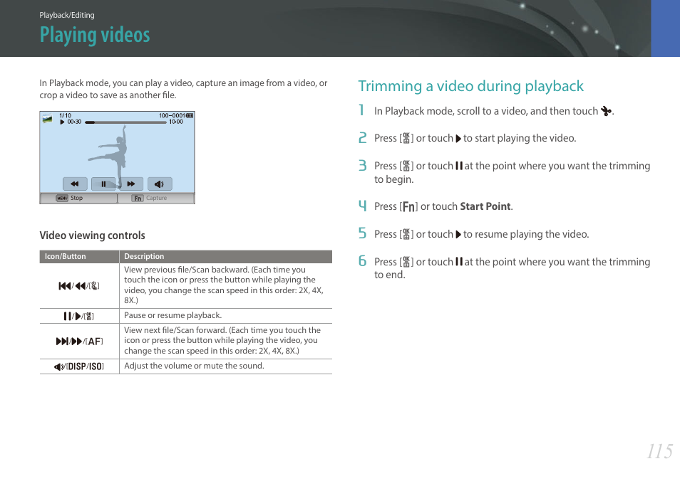 Playing videos, Trimming a video during playback | Samsung EV-NX300MBSTUS User Manual | Page 116 / 203