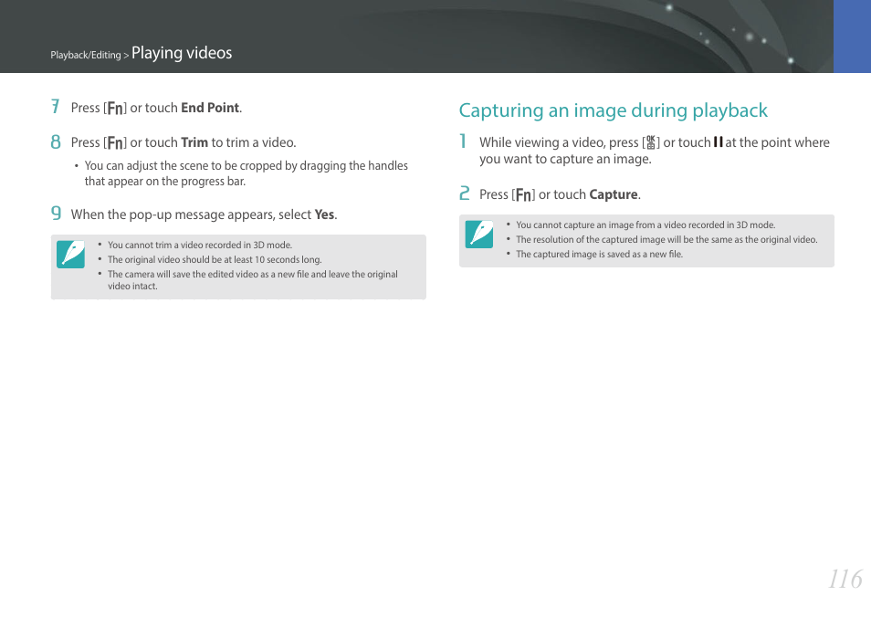 Capturing an image during playback, Playing videos 7 | Samsung EV-NX300MBSTUS User Manual | Page 117 / 203