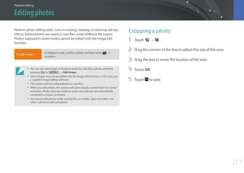 Editing photos, Cropping a photo | Samsung EV-NX300MBSTUS User Manual | Page 118 / 203