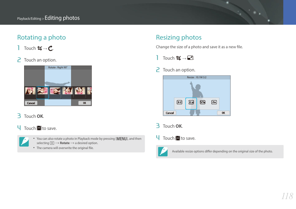 Rotating a photo, Resizing photos, Rotating a photo resizing photos | Editing photos | Samsung EV-NX300MBSTUS User Manual | Page 119 / 203