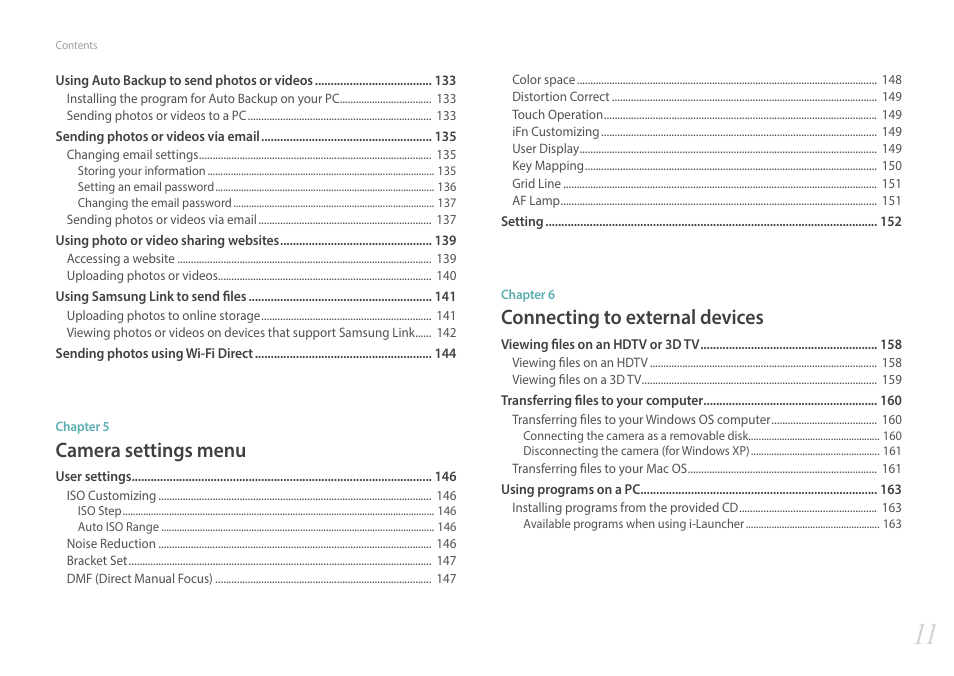 Connecting to external devices, Camera settings menu | Samsung EV-NX300MBSTUS User Manual | Page 12 / 203