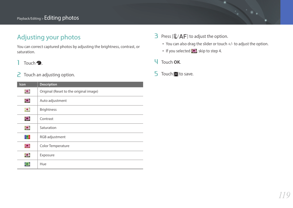 Adjusting your photos, Editing photos | Samsung EV-NX300MBSTUS User Manual | Page 120 / 203