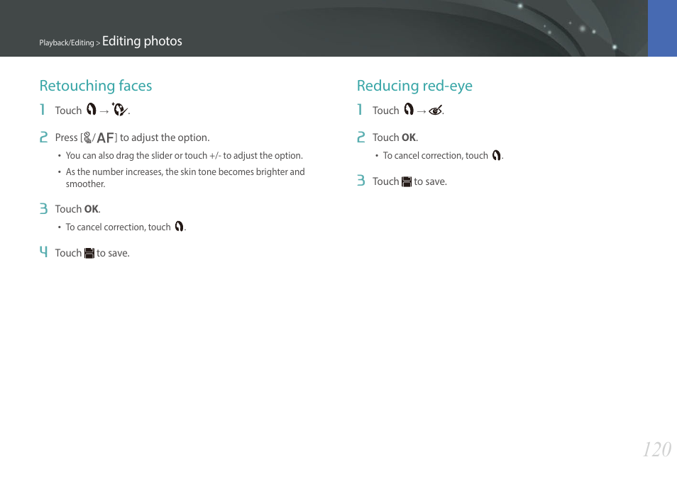 Retouching faces, Reducing red-eye, Retouching faces reducing red-eye | Samsung EV-NX300MBSTUS User Manual | Page 121 / 203