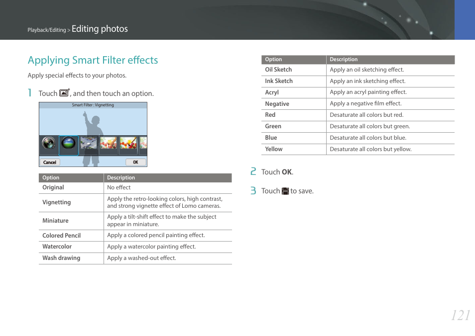 Applying smart filter effects, Editing photos | Samsung EV-NX300MBSTUS User Manual | Page 122 / 203