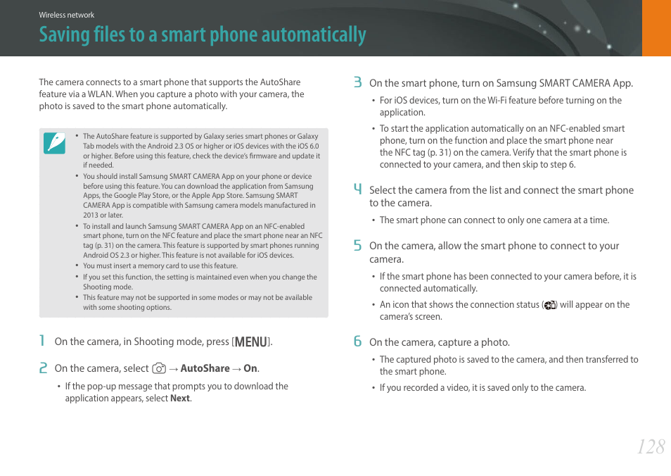 Saving files to a smart phone automatically | Samsung EV-NX300MBSTUS User Manual | Page 129 / 203