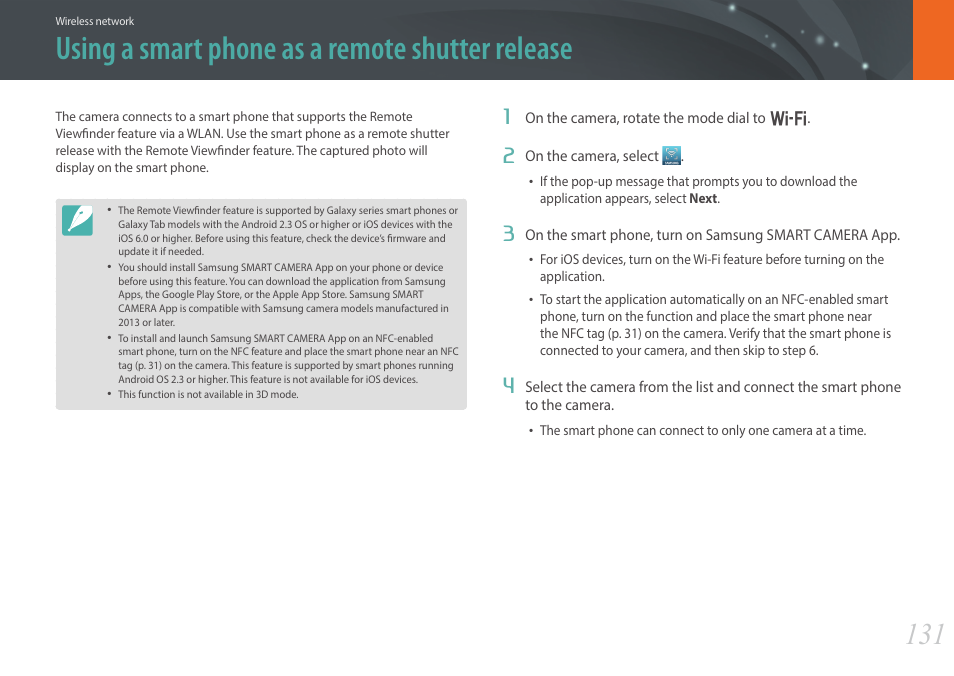 Using a smart phone as a remote shutter release | Samsung EV-NX300MBSTUS User Manual | Page 132 / 203