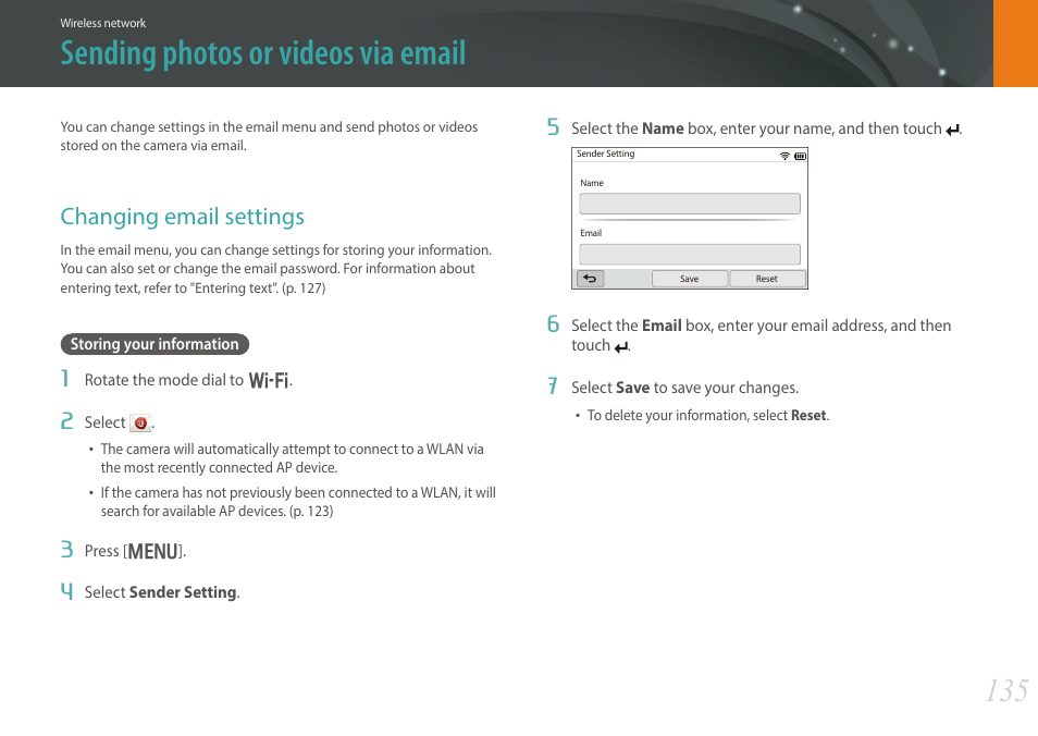 Sending photos or videos via email, Changing email settings, Storing your information | Samsung EV-NX300MBSTUS User Manual | Page 136 / 203