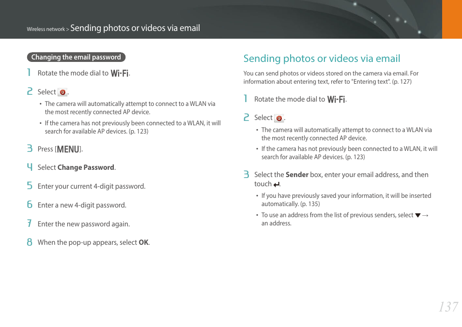 Changing the email password, Sending photos or videos via email | Samsung EV-NX300MBSTUS User Manual | Page 138 / 203