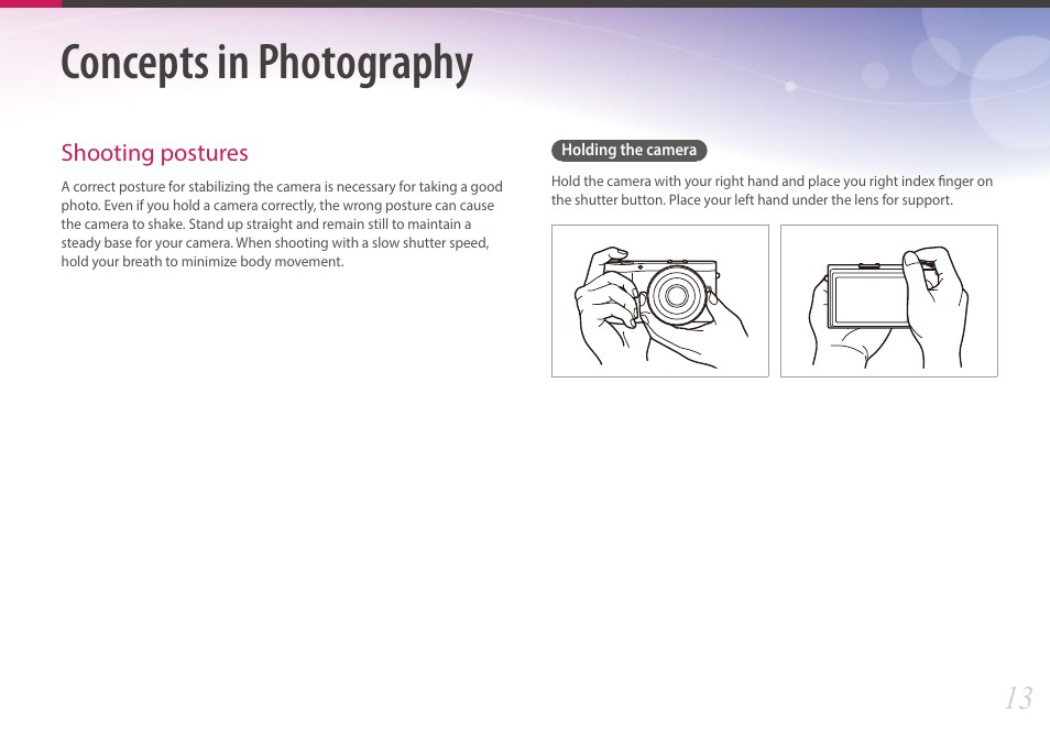 Tips, Concepts in photography, Shooting postures | Holding the camera | Samsung EV-NX300MBSTUS User Manual | Page 14 / 203