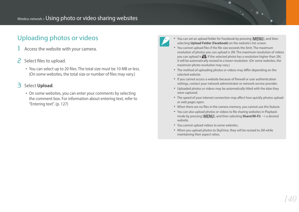 Uploading photos or videos, Using photo or video sharing websites | Samsung EV-NX300MBSTUS User Manual | Page 141 / 203