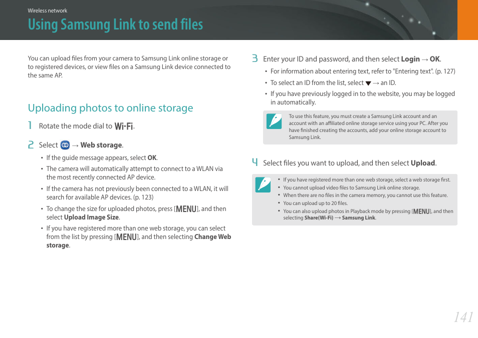 Using samsung link to send files, Uploading photos to online storage | Samsung EV-NX300MBSTUS User Manual | Page 142 / 203