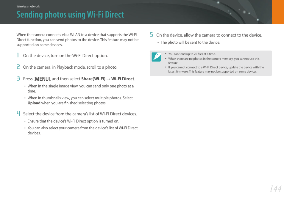 Sending photos using wi-fi direct | Samsung EV-NX300MBSTUS User Manual | Page 145 / 203