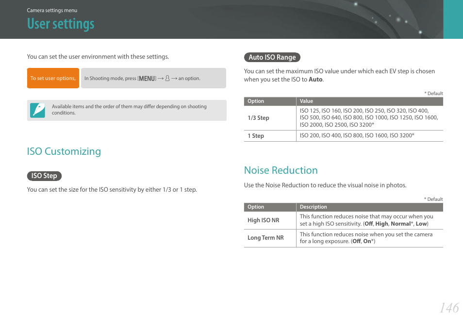 User settings, Iso customizing, Iso step | Auto iso range, Noise reduction, Iso step auto iso range | Samsung EV-NX300MBSTUS User Manual | Page 147 / 203
