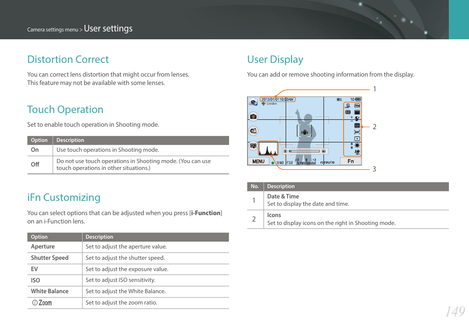 Distortion correct, Touch operation, Ifn customizing | User display, User settings | Samsung EV-NX300MBSTUS User Manual | Page 150 / 203