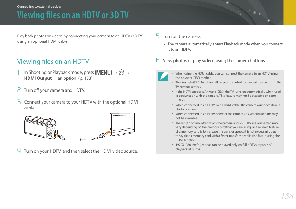 Viewing files on an hdtv or 3d tv, Viewing files on an hdtv | Samsung EV-NX300MBSTUS User Manual | Page 159 / 203