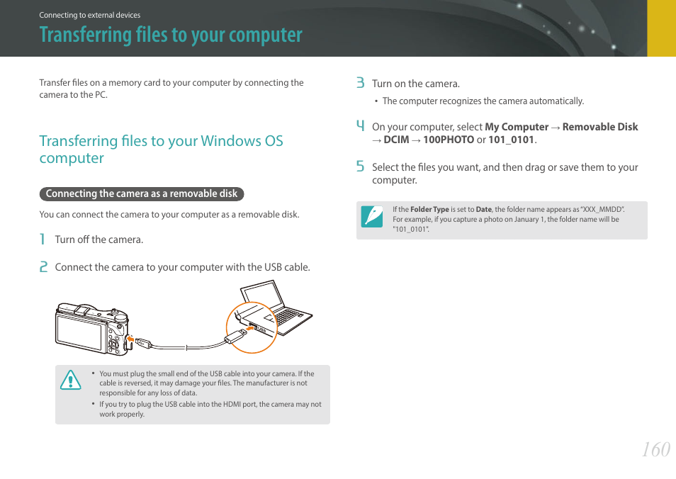 Transferring files to your computer, Transferring files to your windows os computer, Connecting the camera as a removable disk | Samsung EV-NX300MBSTUS User Manual | Page 161 / 203