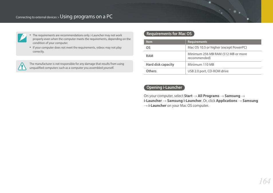 Requirements for mac os, Opening i-launcher, Requirements for mac os opening i-launcher | Using programs on a pc | Samsung EV-NX300MBSTUS User Manual | Page 165 / 203