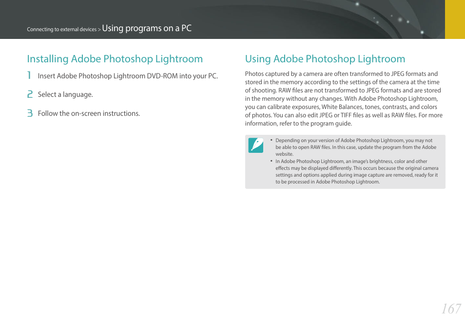 Installing adobe photoshop lightroom, Using adobe photoshop lightroom | Samsung EV-NX300MBSTUS User Manual | Page 168 / 203