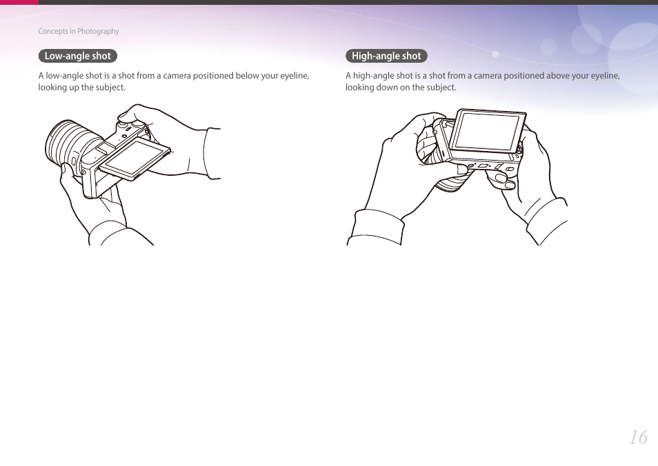 Low-angle shot, High-angle shot, Low-angle shot high-angle shot | Samsung EV-NX300MBSTUS User Manual | Page 17 / 203
