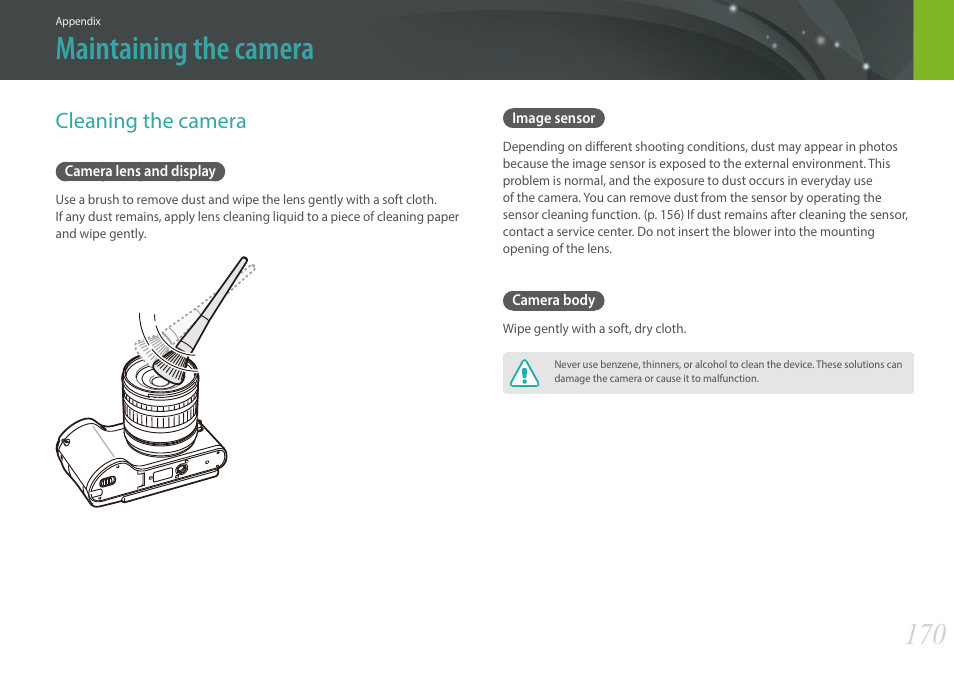 Maintaining the camera, Cleaning the camera, Camera lens and display | Image sensor, Camera body, Camera lens and display image sensor camera body | Samsung EV-NX300MBSTUS User Manual | Page 171 / 203