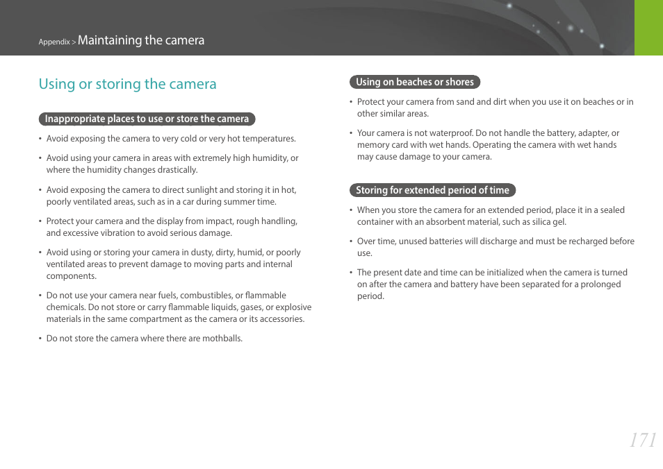 Using or storing the camera, Inappropriate places to use or store the camera, Using on beaches or shores | Storing for extended period of time, Maintaining the camera | Samsung EV-NX300MBSTUS User Manual | Page 172 / 203