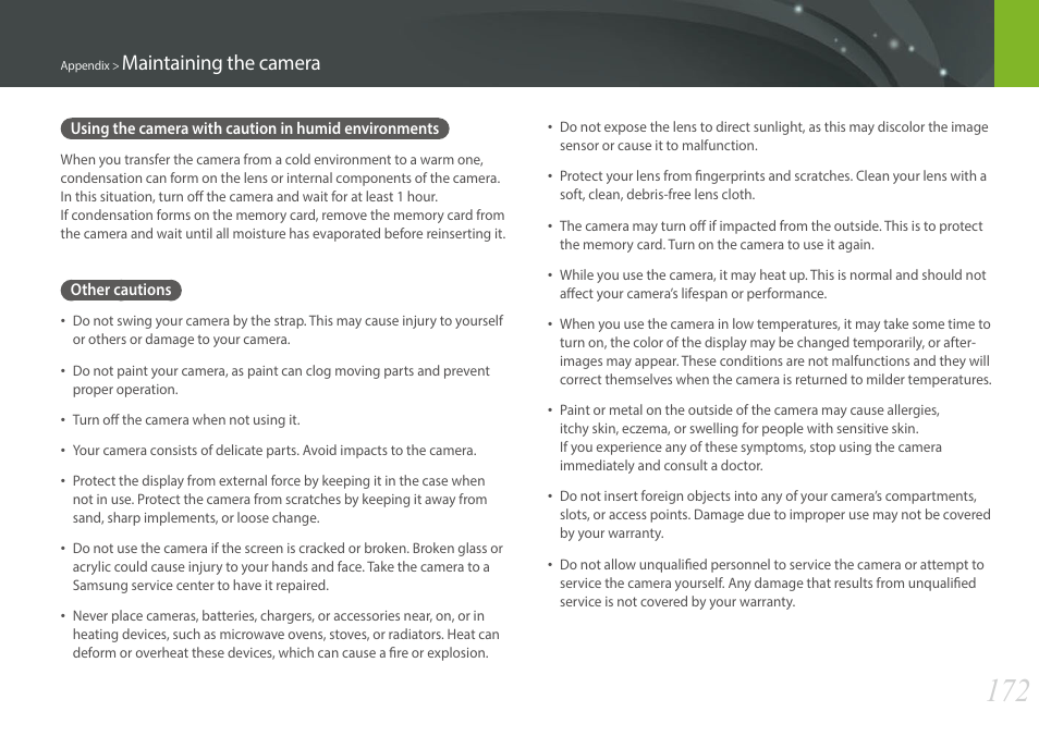 Other cautions, Maintaining the camera | Samsung EV-NX300MBSTUS User Manual | Page 173 / 203