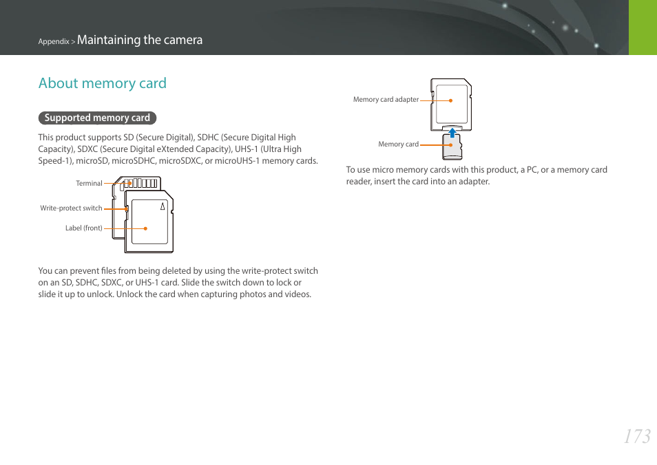 About memory card, Supported memory card, Maintaining the camera | Samsung EV-NX300MBSTUS User Manual | Page 174 / 203