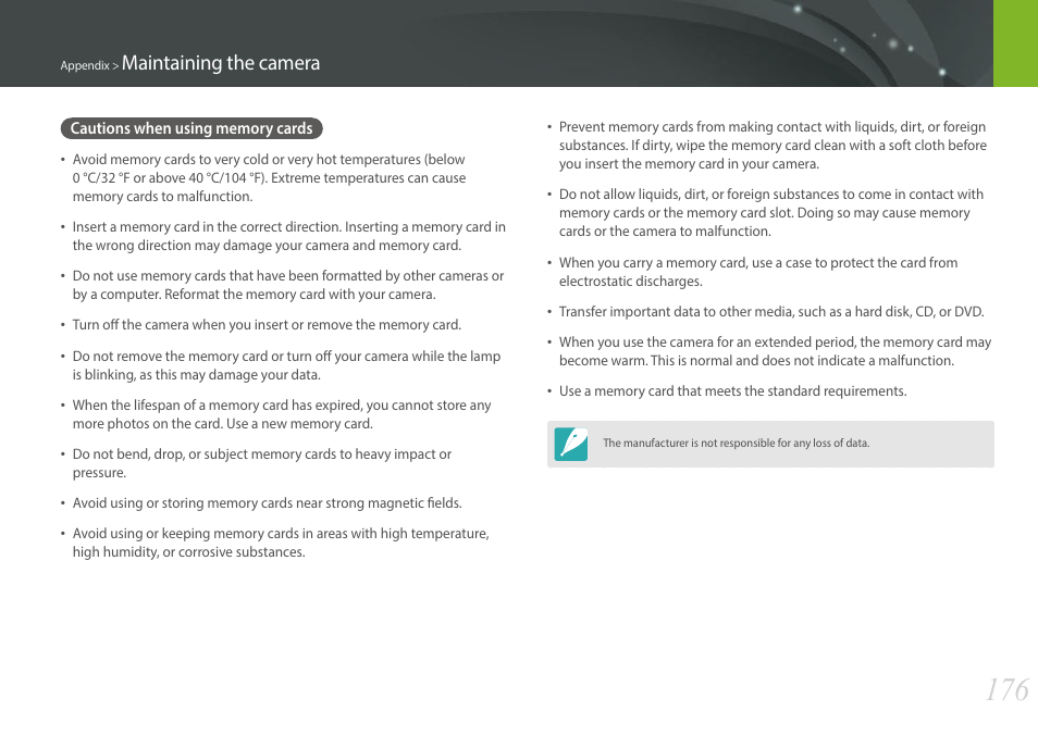 Cautions when using memory cards, Maintaining the camera | Samsung EV-NX300MBSTUS User Manual | Page 177 / 203