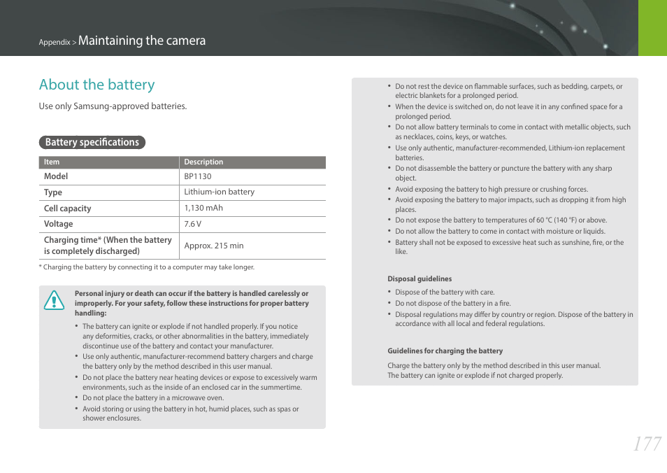 About the battery, Battery specifications, Maintaining the camera | Samsung EV-NX300MBSTUS User Manual | Page 178 / 203