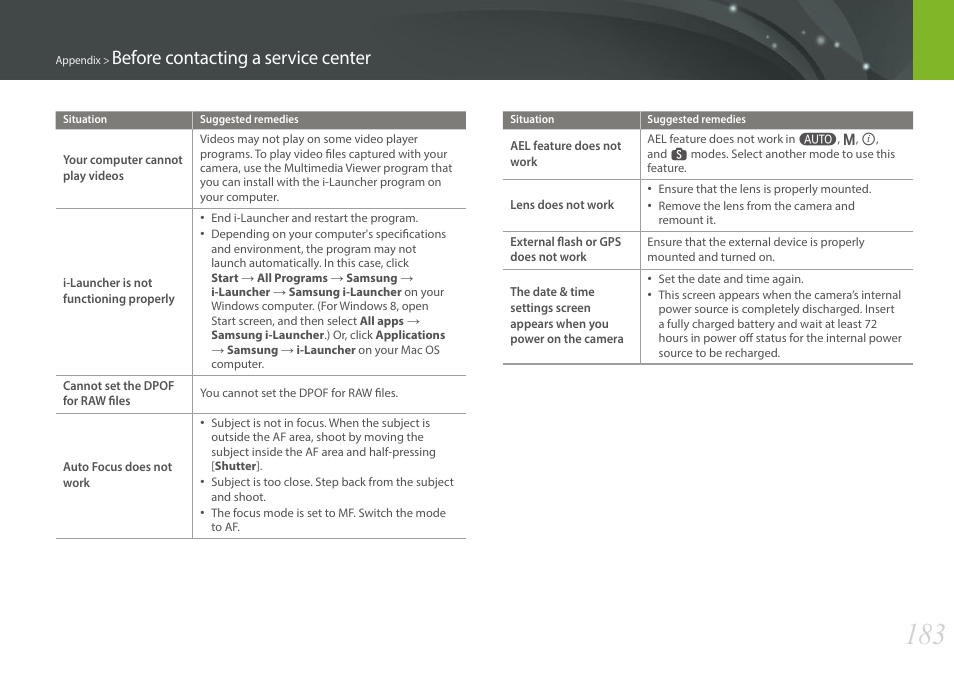 Before contacting a service center | Samsung EV-NX300MBSTUS User Manual | Page 184 / 203