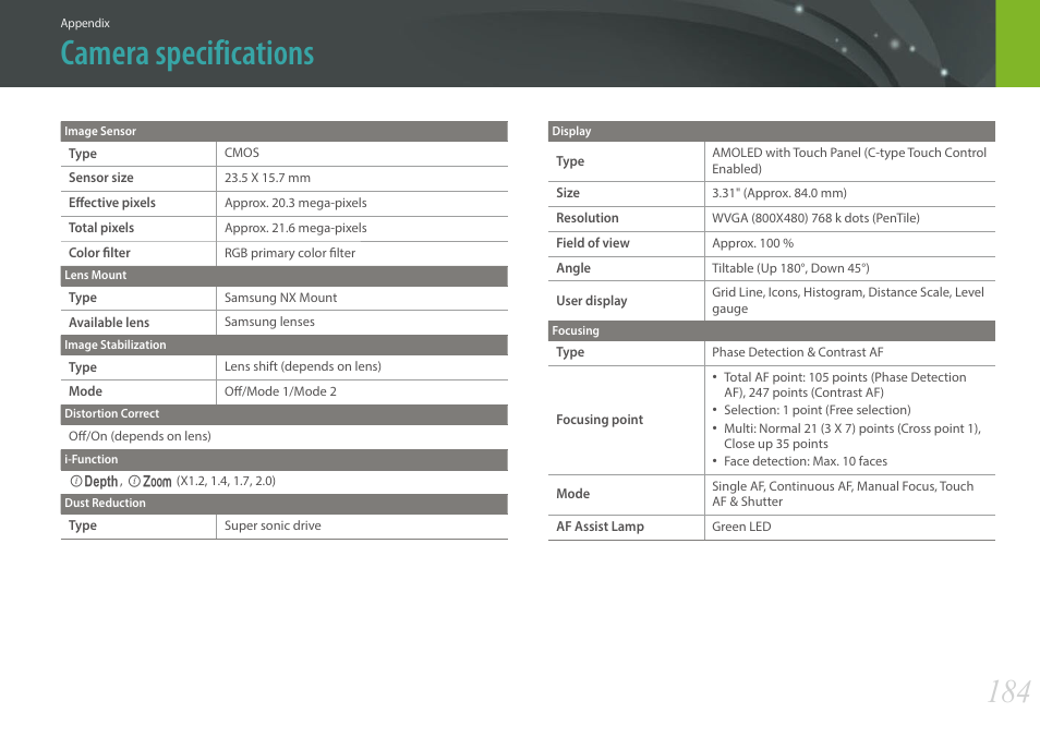 Camera specifications | Samsung EV-NX300MBSTUS User Manual | Page 185 / 203