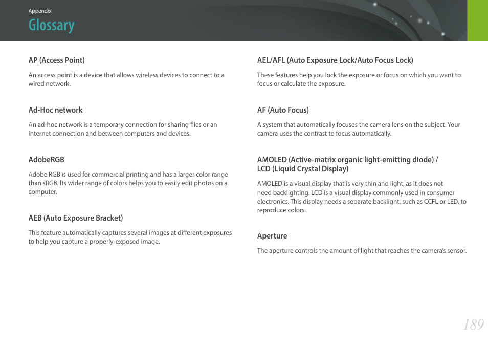Glossary | Samsung EV-NX300MBSTUS User Manual | Page 190 / 203