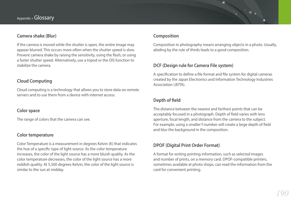 Glossary | Samsung EV-NX300MBSTUS User Manual | Page 191 / 203