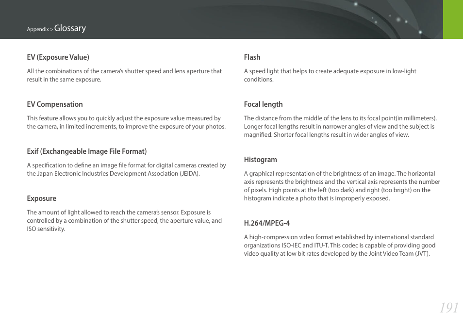 Glossary | Samsung EV-NX300MBSTUS User Manual | Page 192 / 203