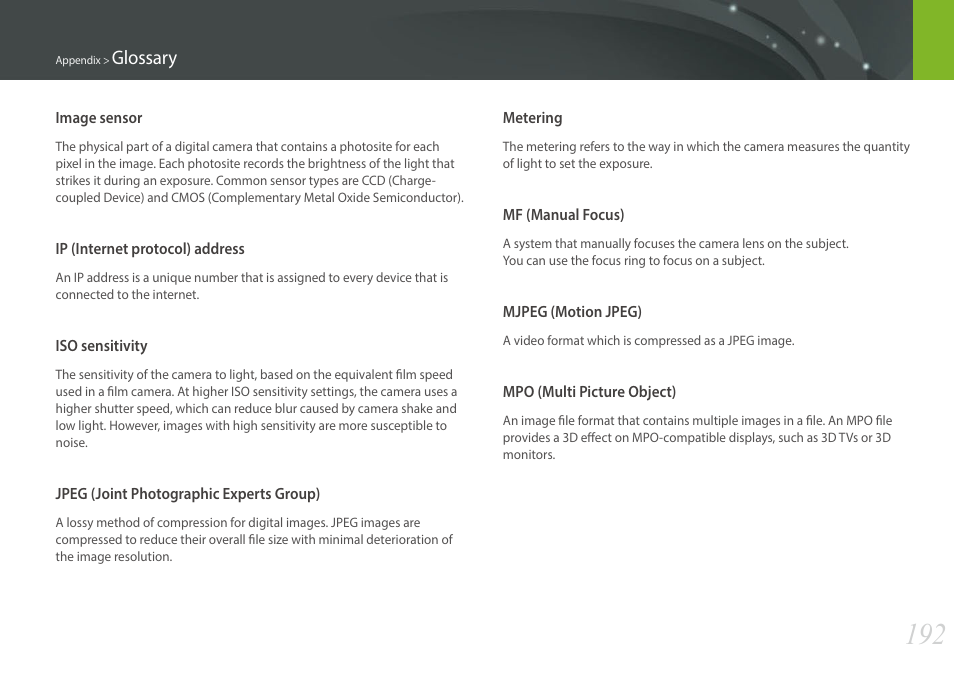 Glossary | Samsung EV-NX300MBSTUS User Manual | Page 193 / 203