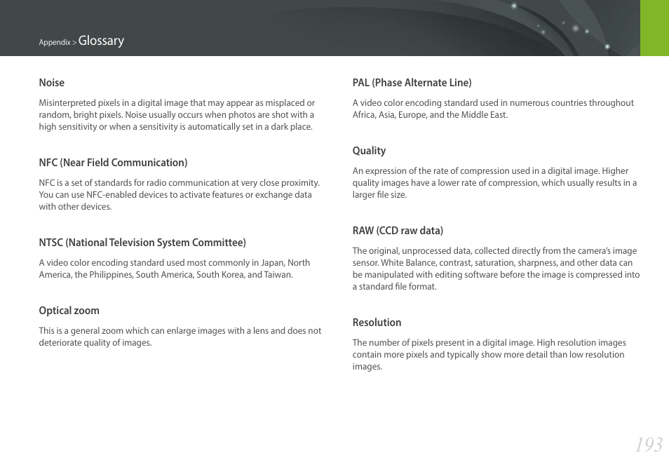 Glossary | Samsung EV-NX300MBSTUS User Manual | Page 194 / 203