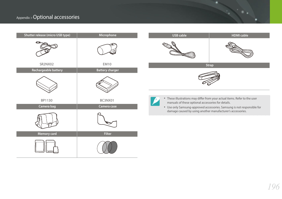 Optional accessories | Samsung EV-NX300MBSTUS User Manual | Page 197 / 203