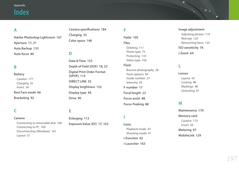 Index | Samsung EV-NX300MBSTUS User Manual | Page 198 / 203