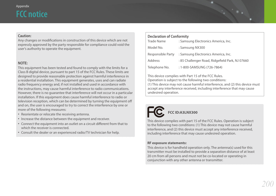 Fcc notice | Samsung EV-NX300MBSTUS User Manual | Page 201 / 203