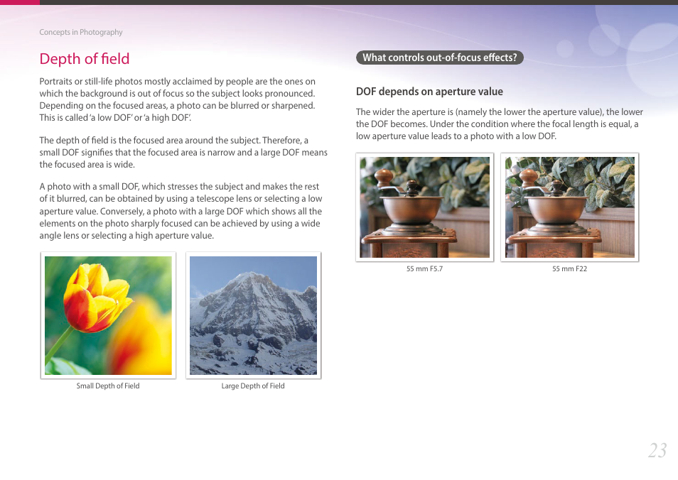 Depth of field, What controls out-of-focus effects | Samsung EV-NX300MBSTUS User Manual | Page 24 / 203