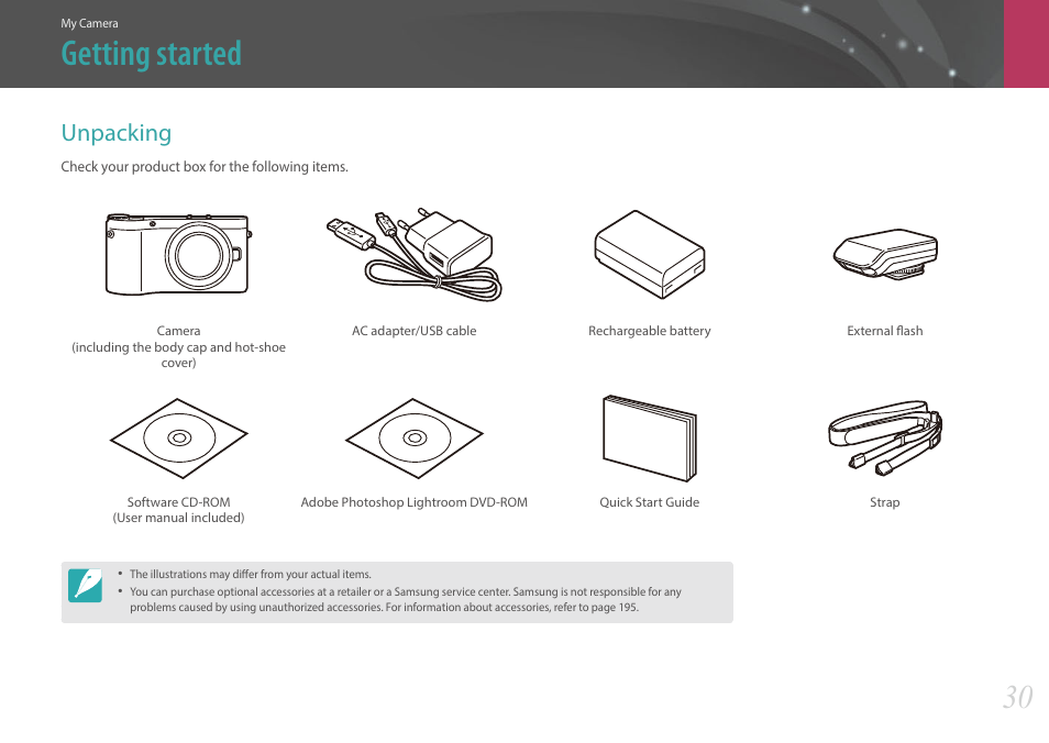 Getting started, Unpacking | Samsung EV-NX300MBSTUS User Manual | Page 31 / 203